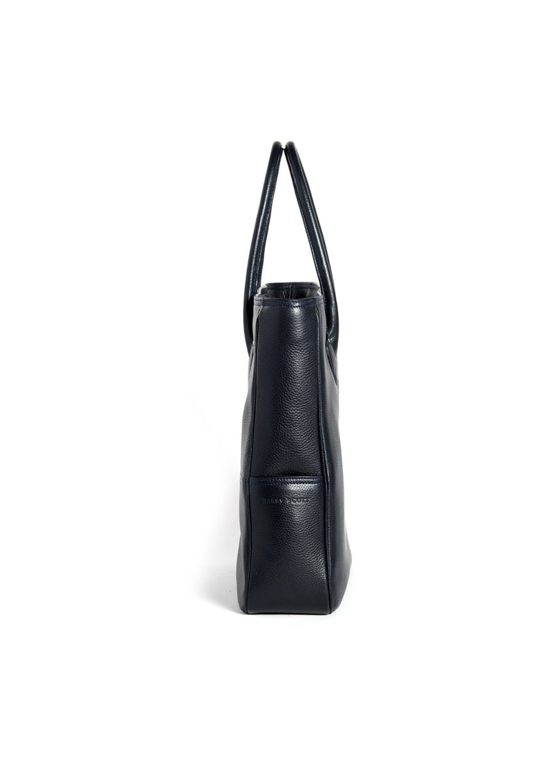 Side View Navy Leather Essex Tote - Darby Scott