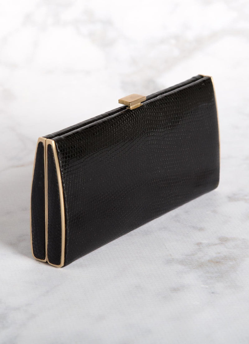 Black Lizard Box Wallet with Gold-Tone Frame, Top View - Darby Scott