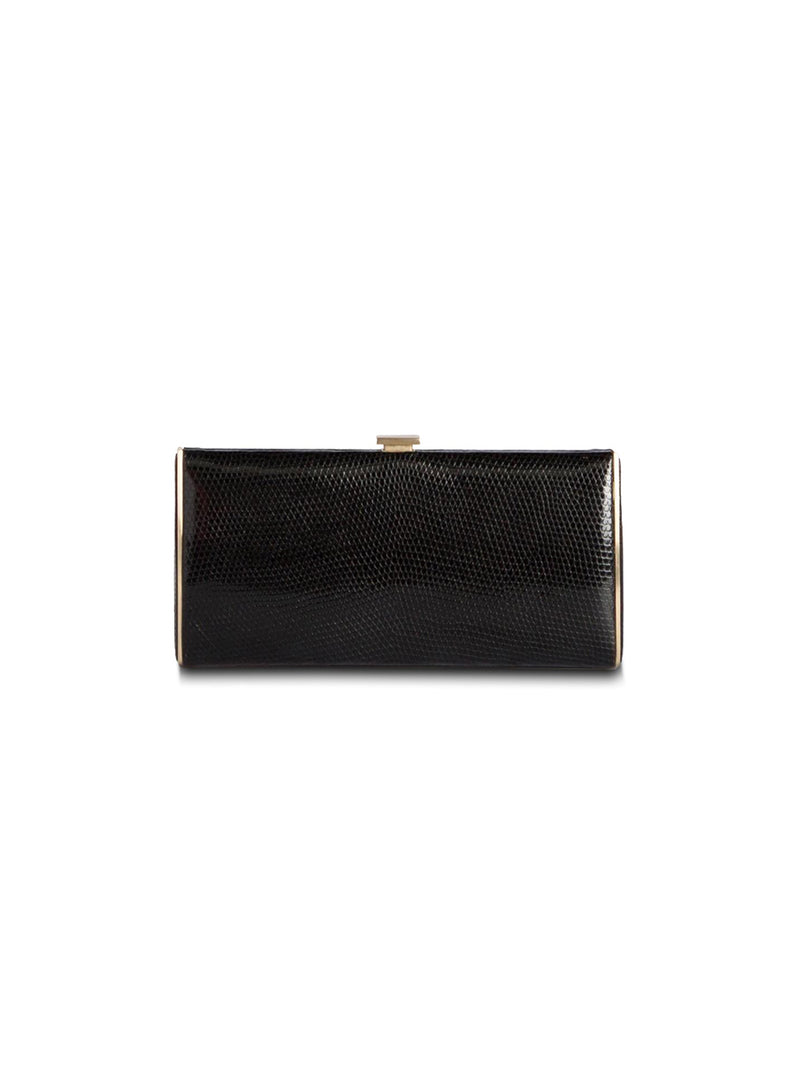 Black Lizard Box Wallet with Gold-Tone Frame, Front View - Darby Scott