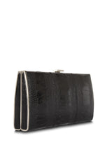 Black Ostrich Leg Box Wallet, Silver Frame, Side View - Darby Scott