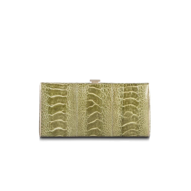 Green Ostrich Leg Box Wallet, Front View - Darby Scott