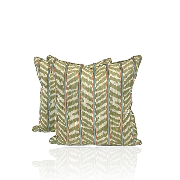 Pair of throw pillows in olive and white chevron pattern  