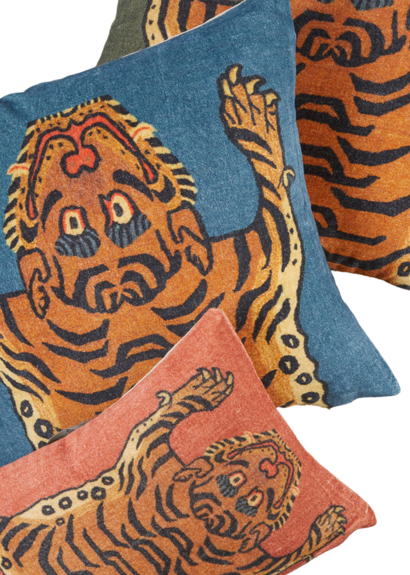 Trio of Velvet Pillows with Tigers Screen Printed on  Cotton-Velvet Textile