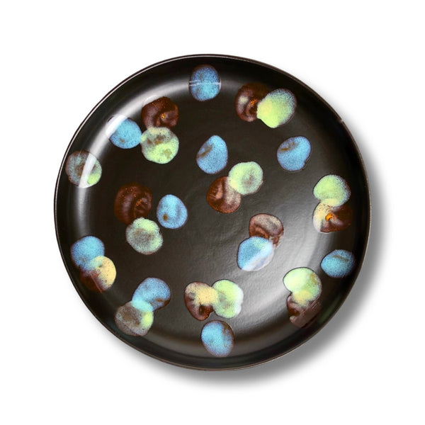Ceramic Stoneware Round Platter - Matte Ebony with colorful dots
