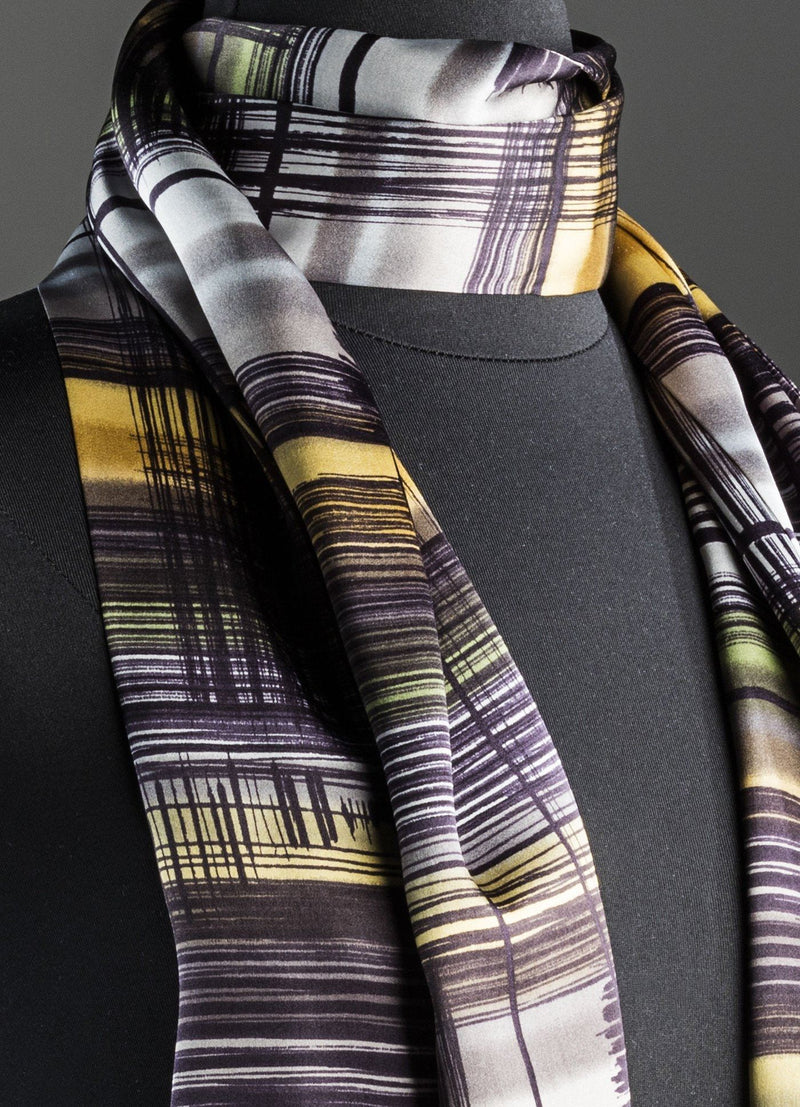 Detail view of Abstract Plaid Silk in purple, yellow, black and more - Darby Scott