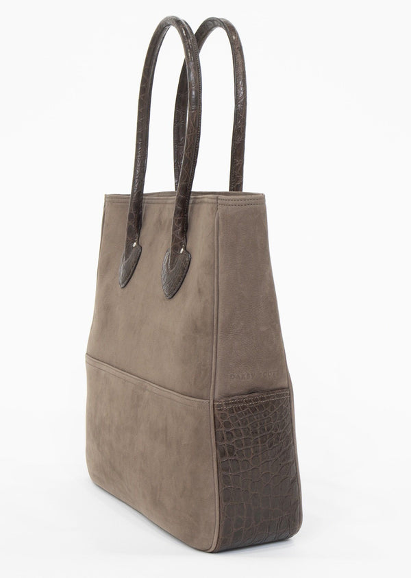 Side View Light Brown Suede and Brown Crocodile Essex Tote - Darby Scott