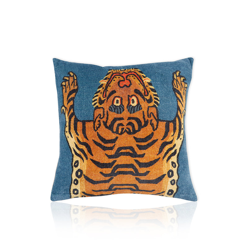 Velvet Pillow with Tibetan Tiger on Blue Background 