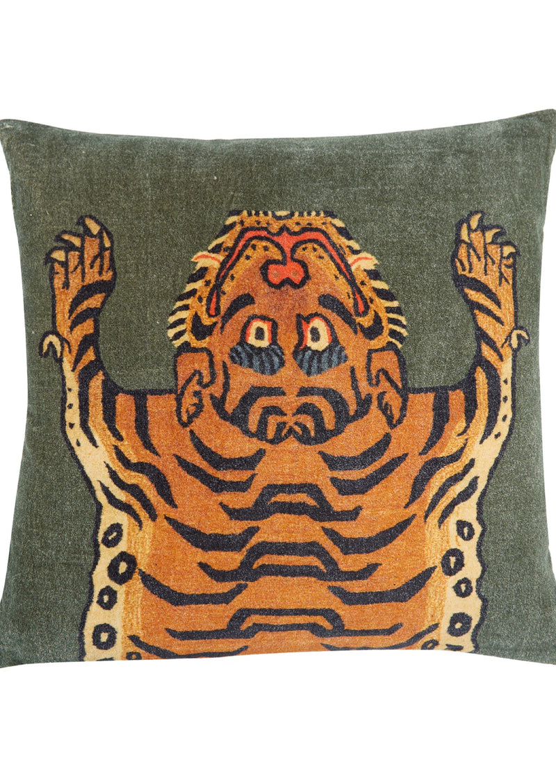Velvet Pillow with Tibetan Tiger on Green Background