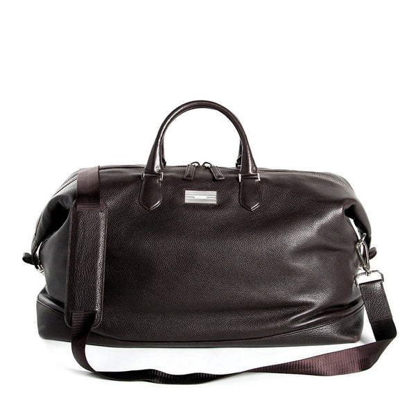 Leather Aspen Duffle Travel Bag in Dark Brown with Monogram Plate- Darby Scott