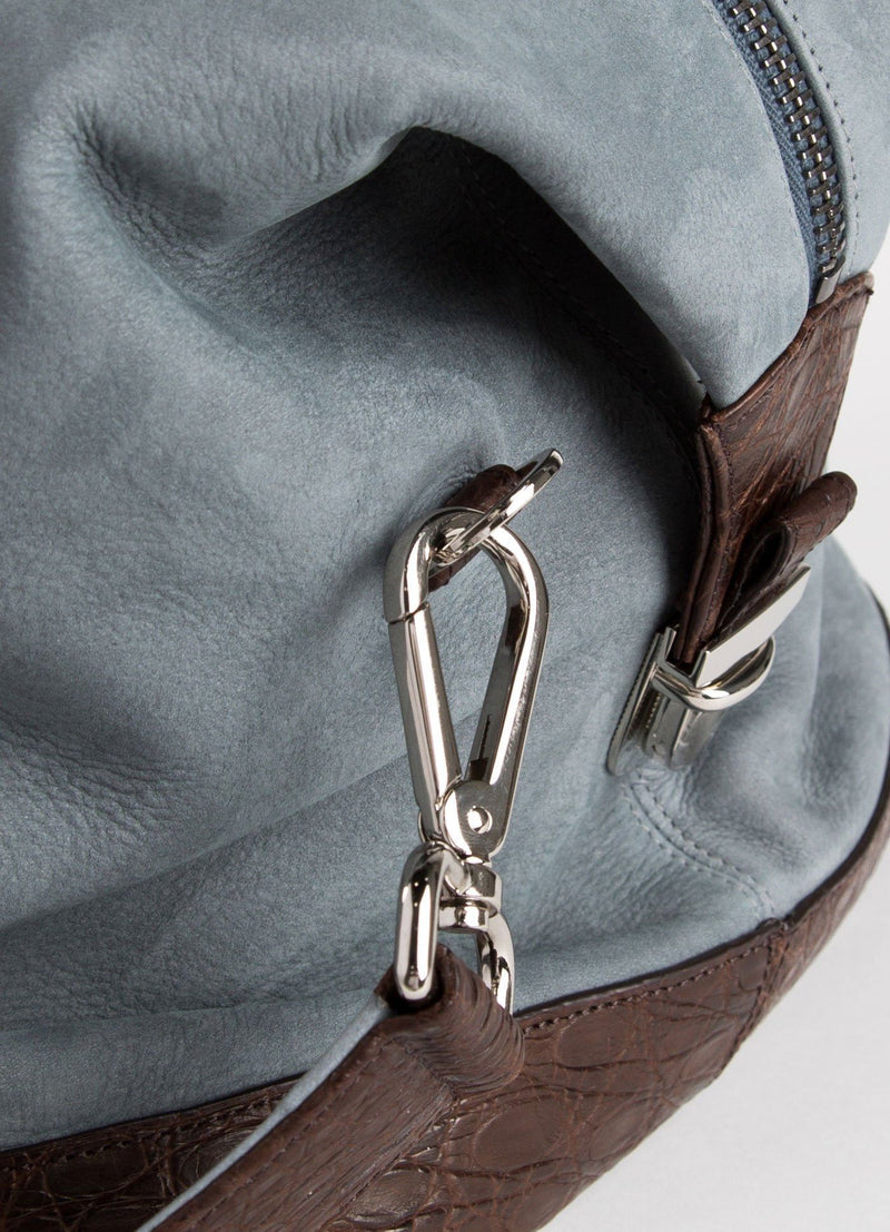 Detail of strap link on Denim Aspen Travel Bag- Darby Scott