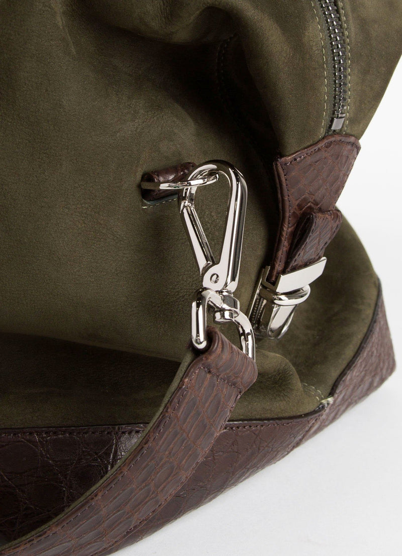 Close Up of Strap Link on Olive Aspen Travel Bag With Brown Croc - Darby Scott