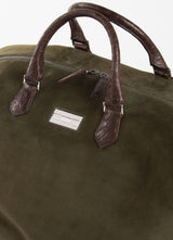 Close Up Sterling Monogram Plate on Olive Aspen Travel Bag With Brown Croc - Darby Scott