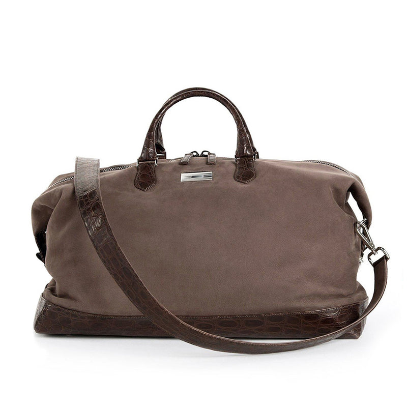 Light Brown Suede Aspen Travel Bag with Brown Crocodile Strap and Trim- Darby Scott