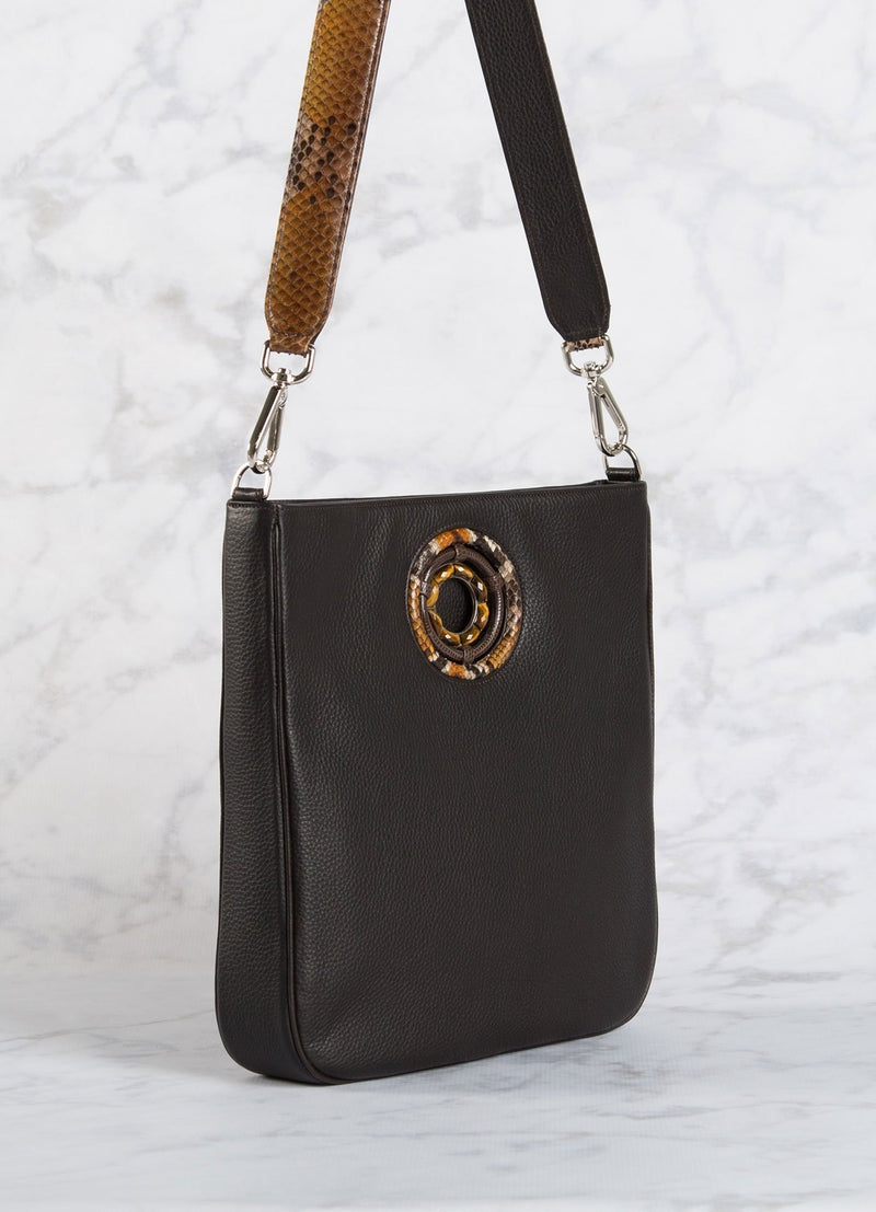 side view of chocolate leather Cloe Cross Body Tote- Darby Scott